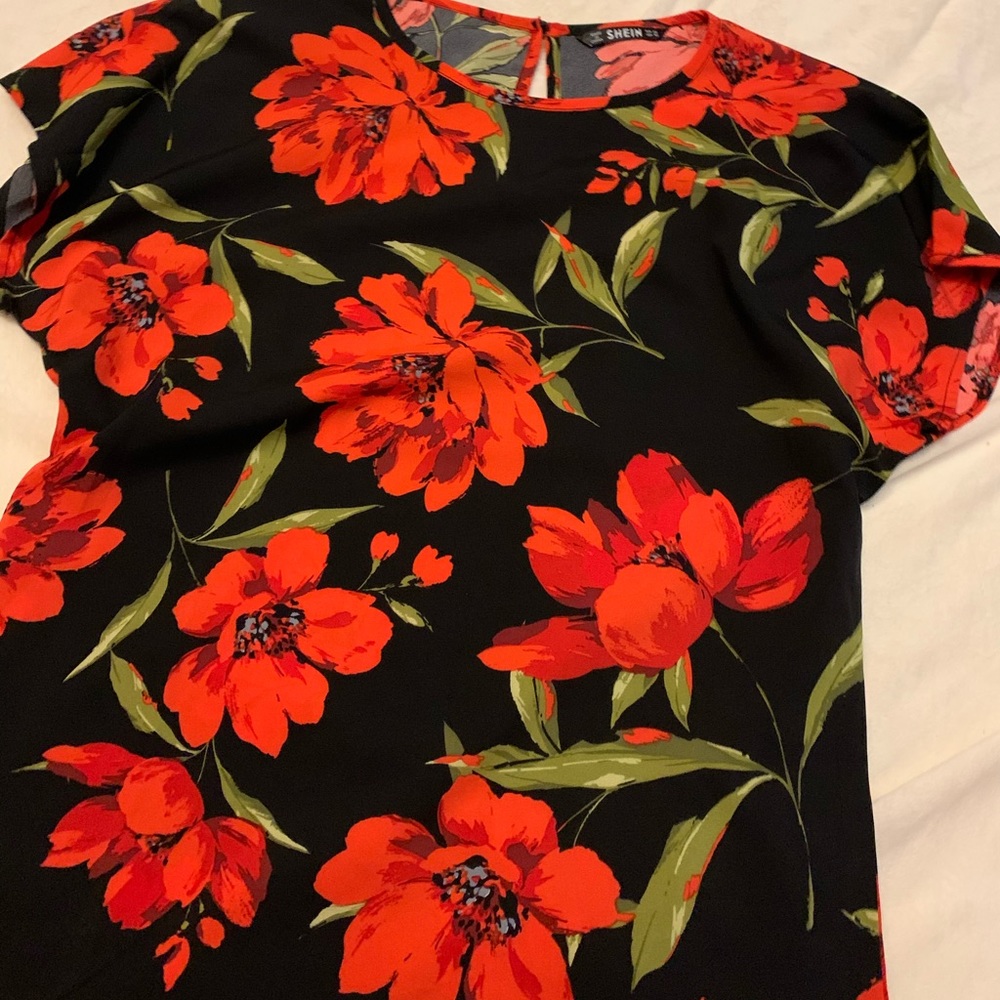 Black dress shirt with red flowers